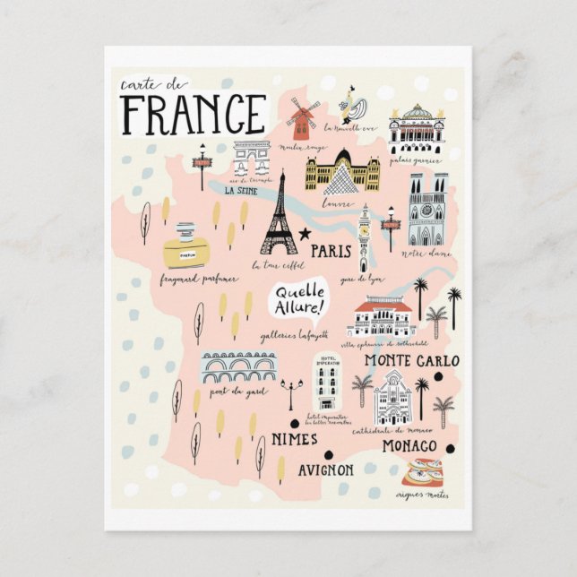 Postal Mapa de Francia con destinos turísticos (Anverso)