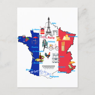 Postal Mapa de Francia lugares emblemáticos atracciones t