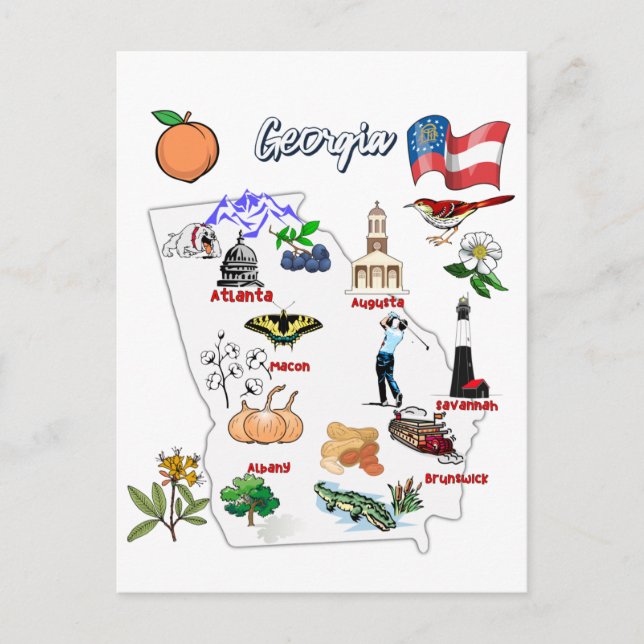 Postal Mapa de Georgia con destinos turísticos (Anverso)