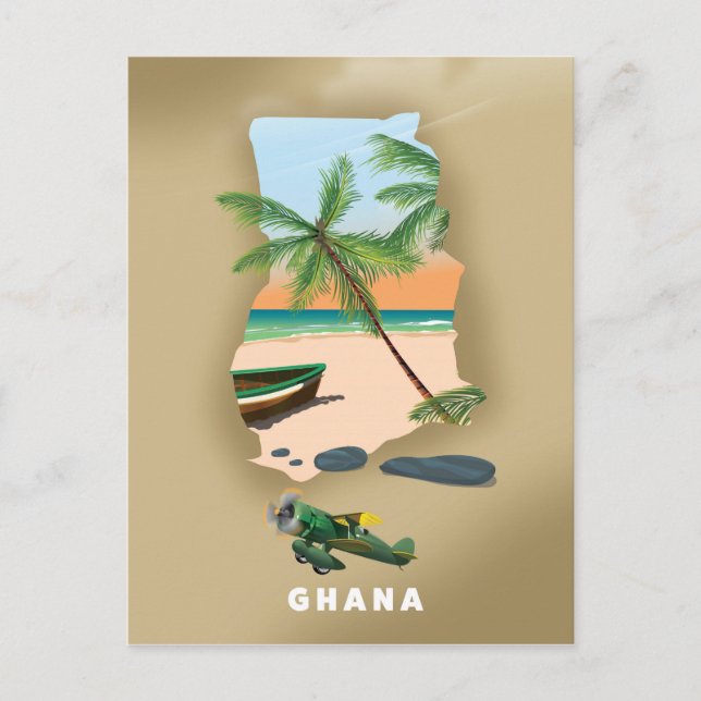 Postal Mapa de Ghana ilustrado afiche de viajes. (Anverso)