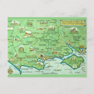 Postal Mapa de Hampshire Inglaterra Ilustrado Coloridamen