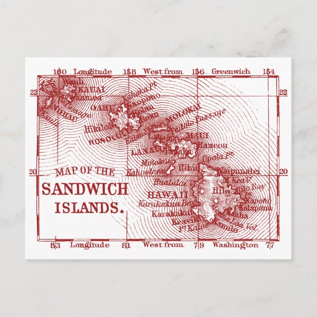 Postal Mapa de Hawai vintage, rojo (Anverso)