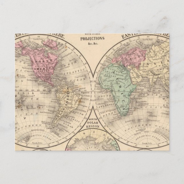 Postal Mapa de hemisferios mundiales de Mitchell (Anverso)