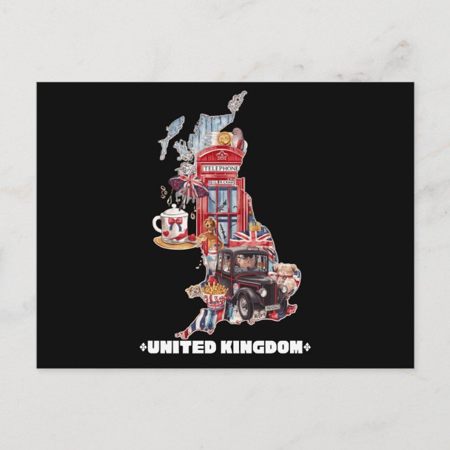 Postal Mapa de iconos británicos adorables Arte de collag (Anverso)