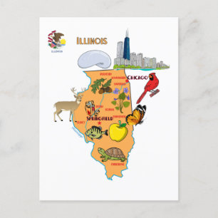 Postal Mapa de Illinois con destinos turísticos