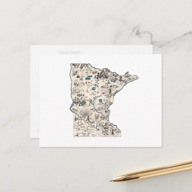 Postal Mapa de imágenes antiguas de Minnesota (Anverso/Reverso In Situ)