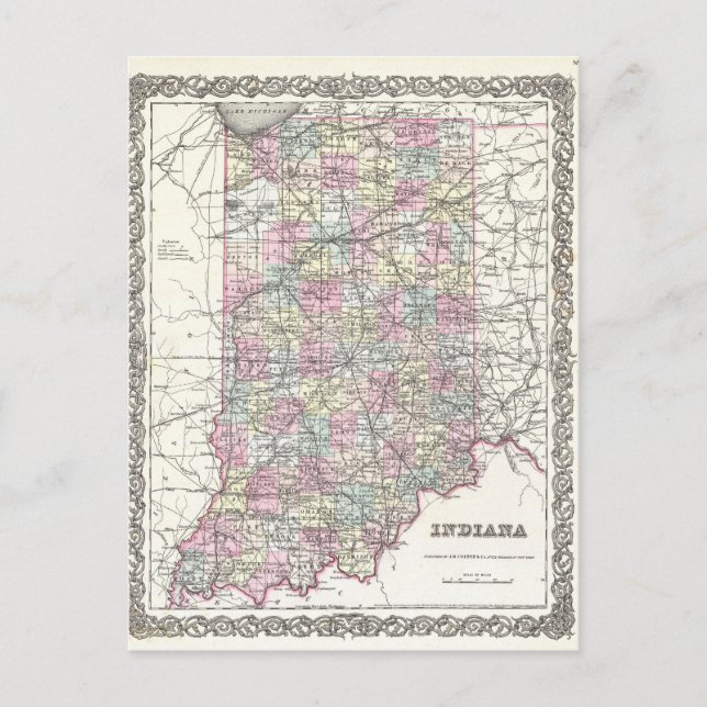 Postal Mapa de Indiana. Joseph Hutchins Colton (Anverso)
