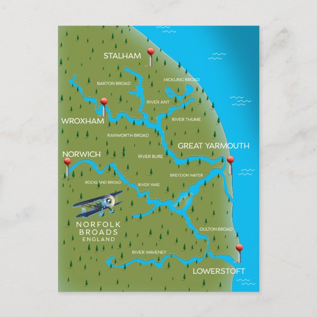 Postal Mapa de Inglaterra de Norfolk Broads. (Anverso)