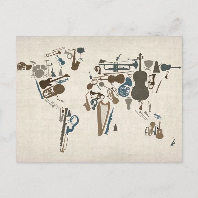 Postal Mapa de instrumentos musicales del mundo (Anverso)
