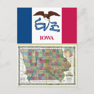 Postal Mapa de Iowa y bandera estatal