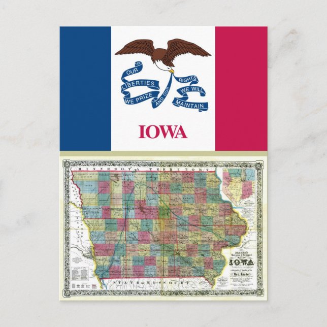 Postal Mapa de Iowa y bandera estatal (Anverso)