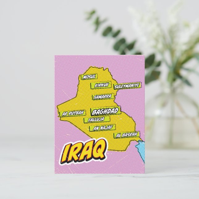 Postal Mapa de Irak ilustrado con Pop Art (Anverso de pie)