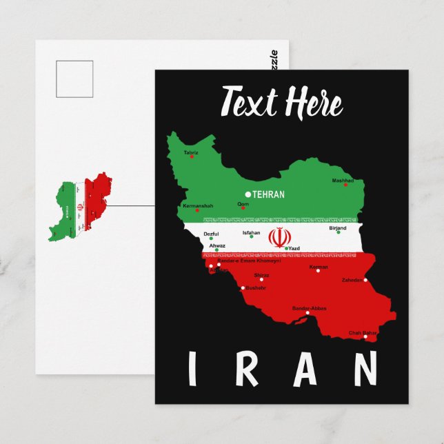 Postal Mapa de Irán con bandera y emblema (Anverso / Reverso)