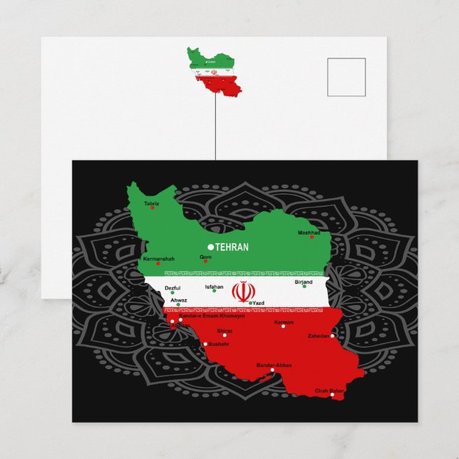 Postal Mapa de Irán con bandera y emblema (Anverso / Reverso)