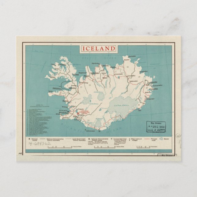 Postal Mapa de Islandia (alrededor de 1959) (Anverso)