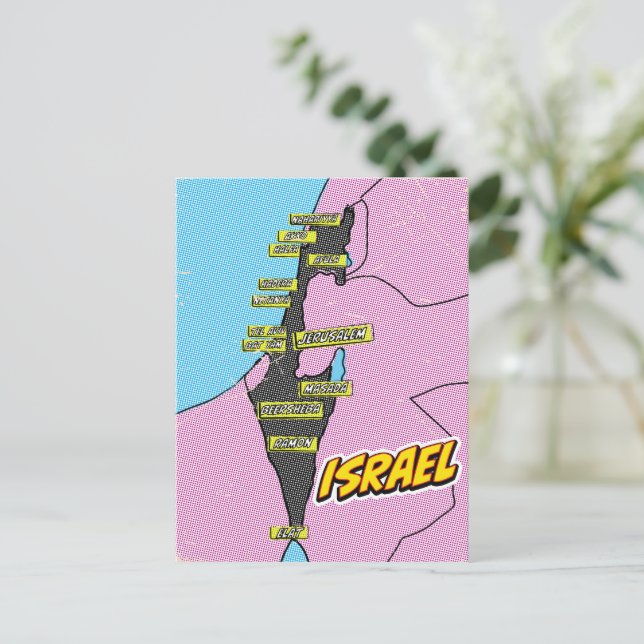 Postal Mapa de Israel ilustrado con arte pop (Anverso de pie)