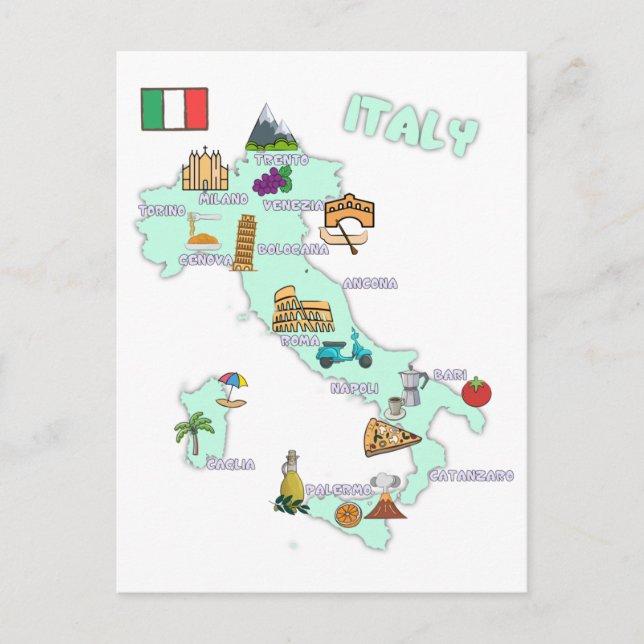 Postal Mapa de Italia Atracciones turísticas (Anverso)