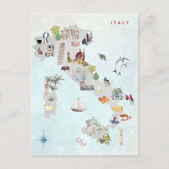 Postal Mapa de Italia ilustrado con acuarela Arte (Anverso)