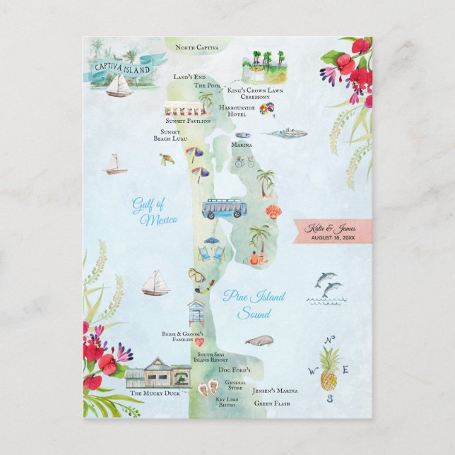 Postal Mapa de itinerario de boda de destino de la isla C (Anverso)