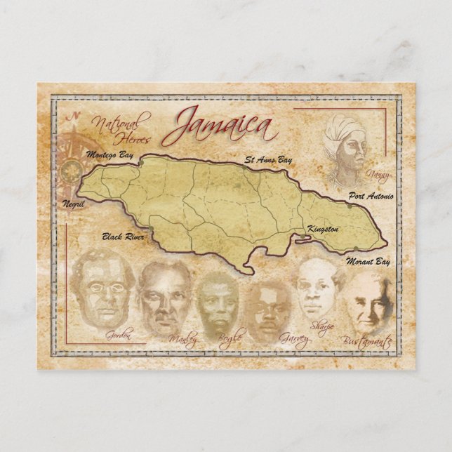 Postal Mapa de Jamaica con héroes nacionales (Anverso)