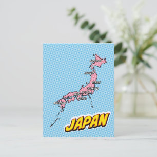 Postal Mapa de Japón ilustrado con arte pop