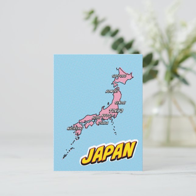 Postal Mapa de Japón ilustrado con arte pop (Anverso de pie)