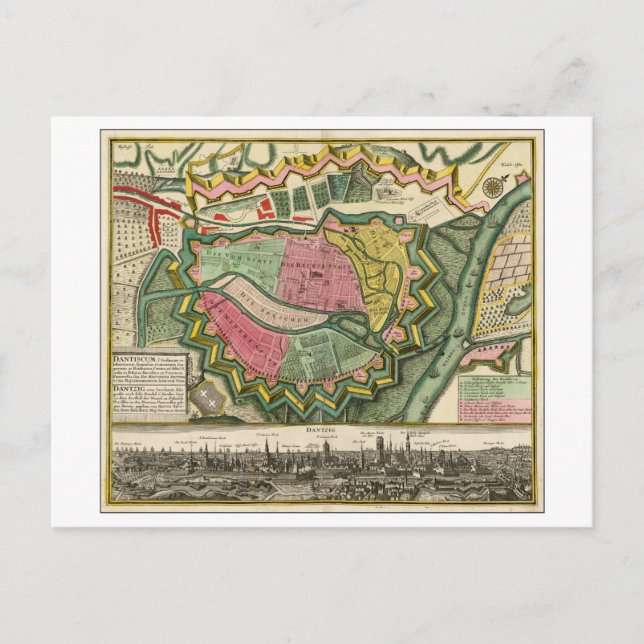 Postal Mapa de la antigua 1730 de Gdansk, Polonia, (Anverso)