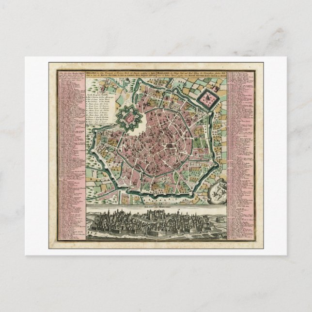 Postal Mapa de la Antigua 1730 de Milán, Italia, (Anverso)