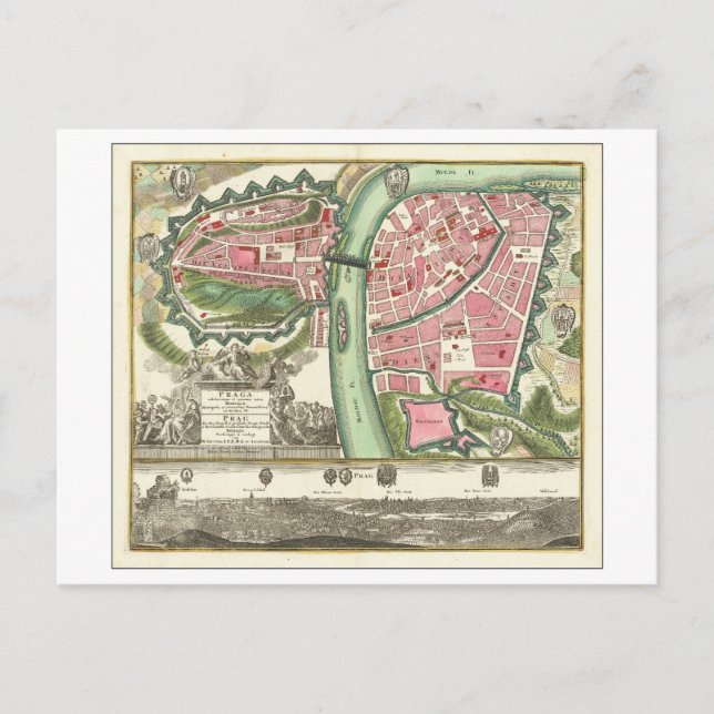 Postal Mapa de la Antigua 1730 de Praga, República Checa, (Anverso)