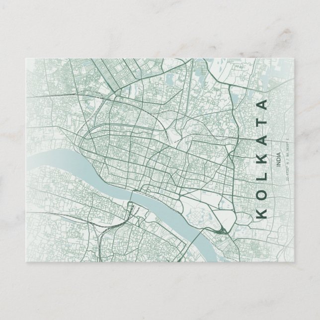 Postal Mapa de la ciudad de Kolkata, India, diseño minima (Anverso)