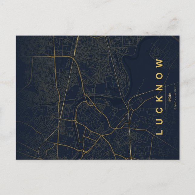 Postal Mapa de la ciudad de Lucknow, India, diseño minima (Anverso)
