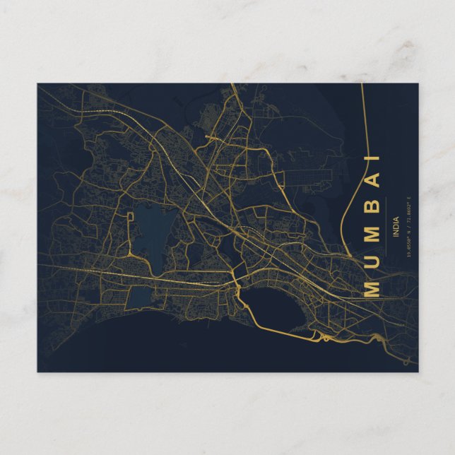 Postal Mapa de la ciudad de Mumbai, India, diseño minimal (Anverso)