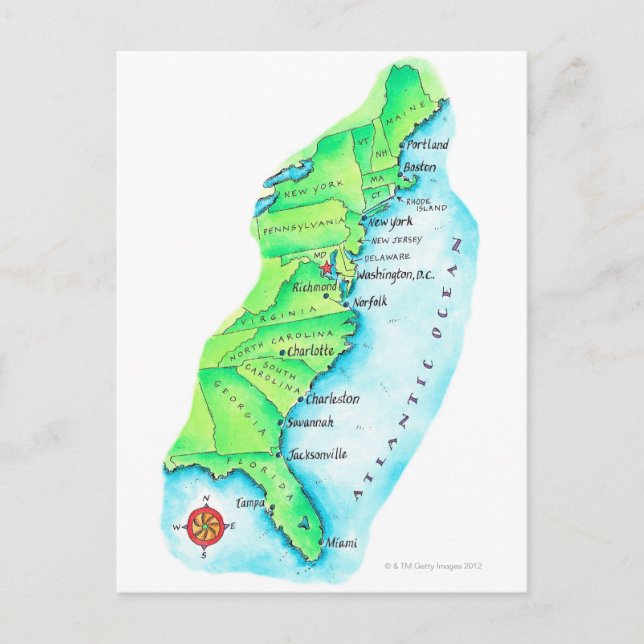Postal Mapa de la costa este de Estados Unidos (Anverso)