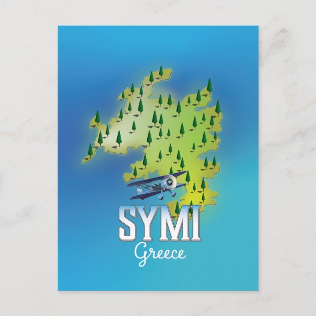 Postal Mapa de la isla de Symi Grecia cartel de viaje. (Anverso)