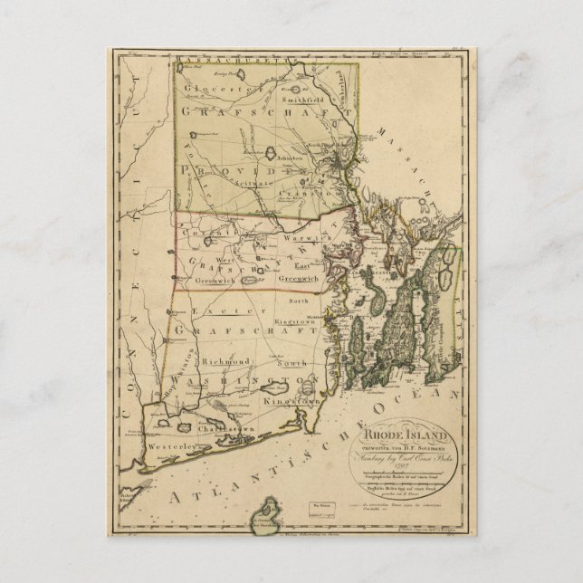 Postal Mapa de la isla Rhode por Carl Ernst Bohn (1797) (Anverso)