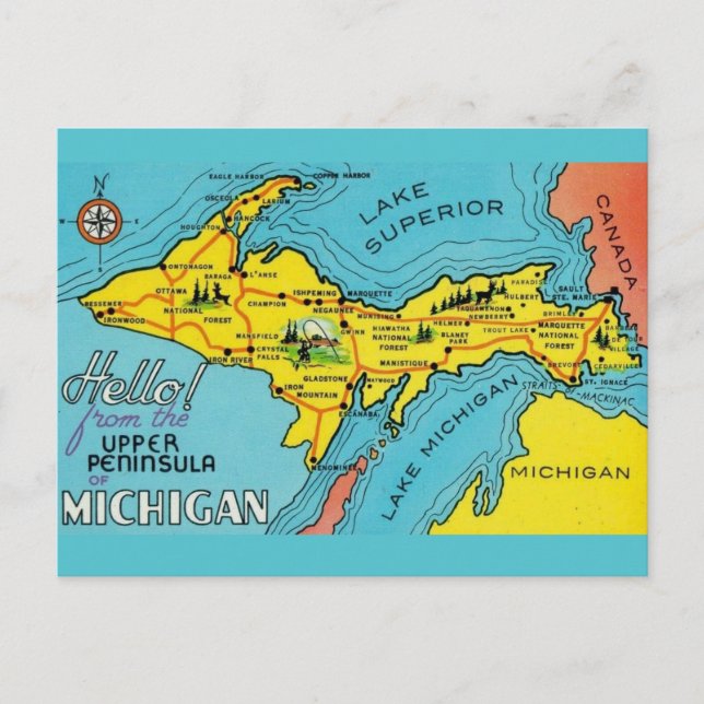 Postal Mapa de la península de Michigan 16x24 (Anverso)