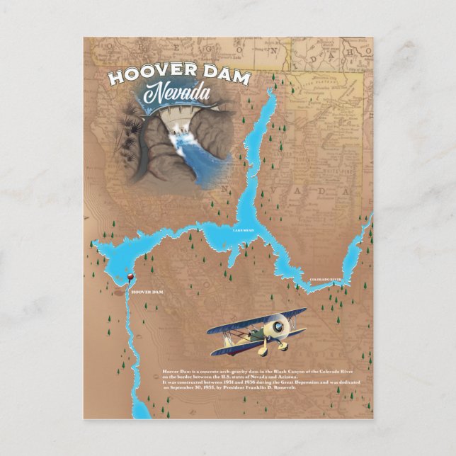 Postal Mapa de la presa Hoover Nevada (Anverso)