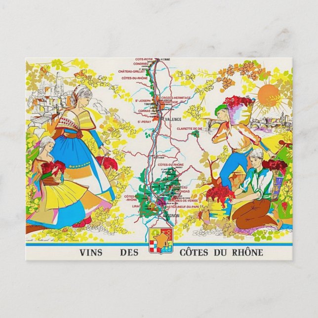 Postal Mapa de la región vinícola de Cotes du Rhone (Anverso)