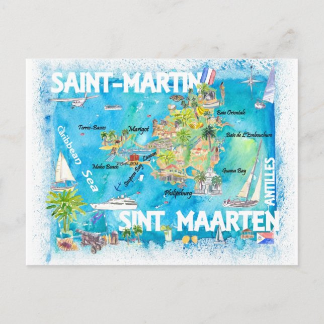 Postal Mapa de las Antillas Saint-Martin Sint Maarten (Anverso)