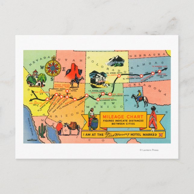 Postal Mapa de las ubicaciones de Fred Harvey HotelCA a K (Anverso)