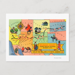 Postal Mapa de las ubicaciones de Fred Harvey HotelCA a K
