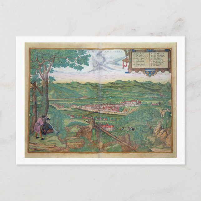 Postal Mapa de Linz, de 'Civitates Orbis Terrarum' por Ge (Anverso)