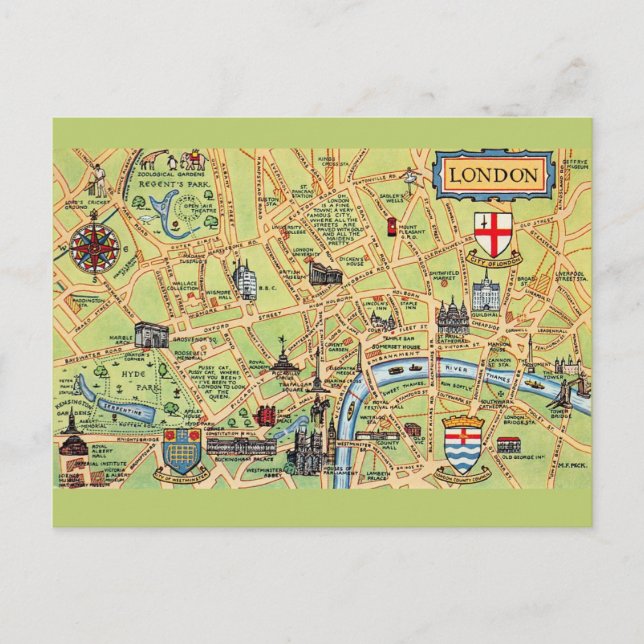 Postal Mapa de Londres Inglaterra ilustrado de forma colo (Anverso)