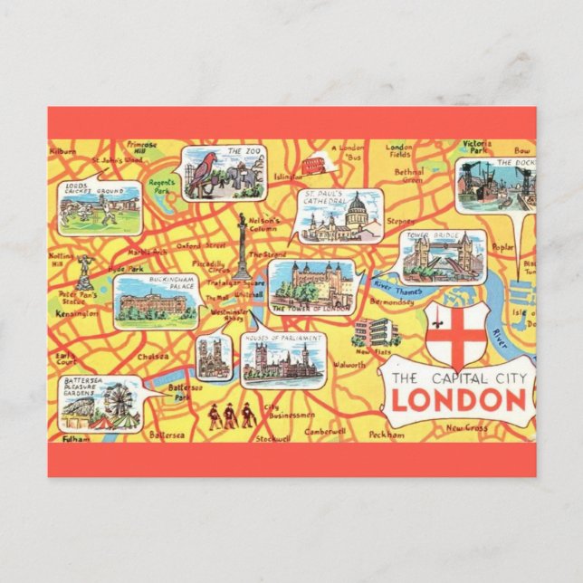 Postal Mapa de Londres Inglaterra ilustrado de forma colo (Anverso)