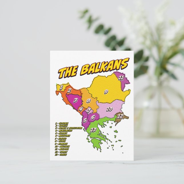 Postal Mapa de los Balcanes ilustrado con arte pop (Anverso de pie)