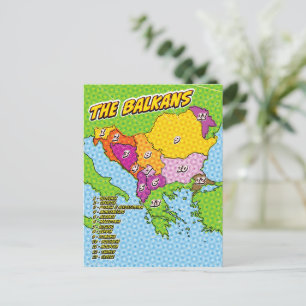 Postal Mapa de los Balcanes ilustrado con arte pop