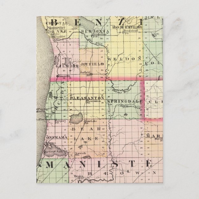 Postal Mapa de los condados de Benzie y Manistee, Michiga (Anverso)