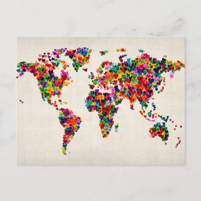 Postal Mapa de los corazones de amor del mapa mundial (Anverso)