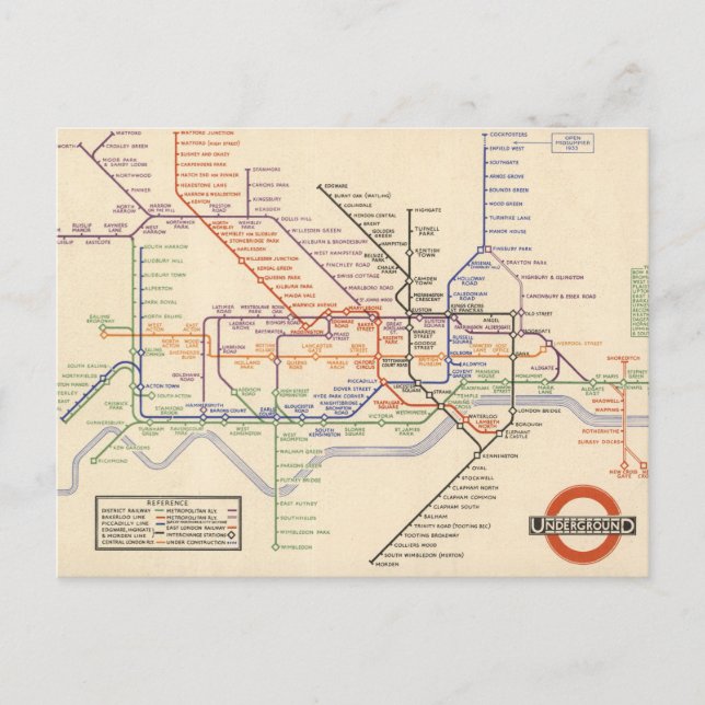 Postal Mapa de los ferrocarriles subterráneos de Londres (Anverso)