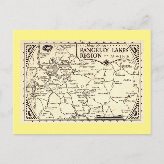 Postal Mapa de los lagos Rangeley, Maine Vintage (Anverso)